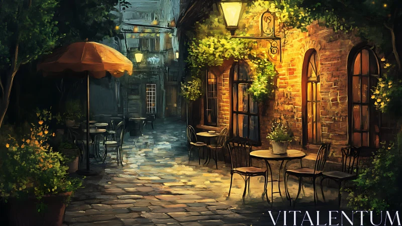 Outdoor courtyard café with lamplit brick façade at night.
