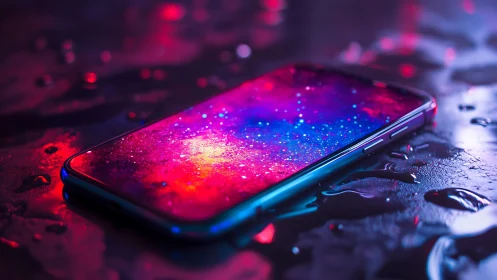 Neon galaxy smartphone on wet reflective surface at night.