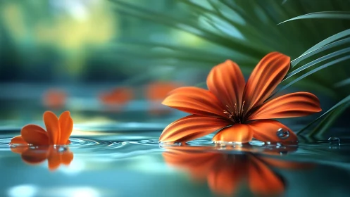 Orange Florals on Wet Surface with Depth-of-Field Rendering