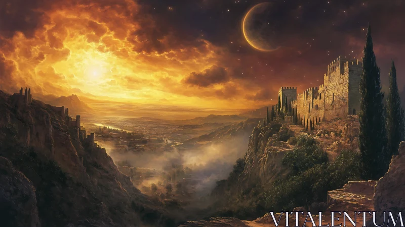 Ancient cliffside fortress glows under fiery twin skies.