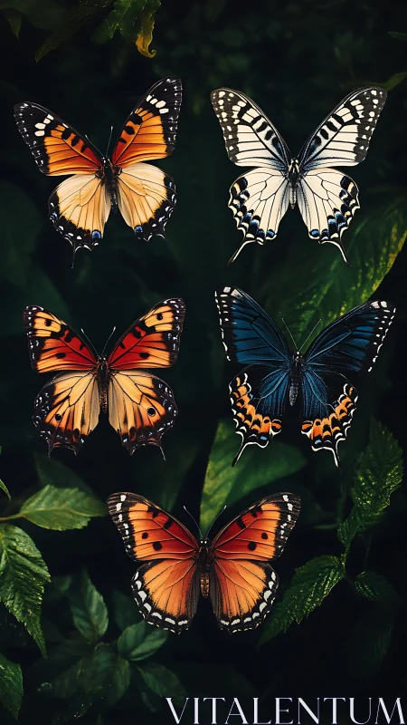 Symphony of jungle butterflies poised on deep emerald leaves.