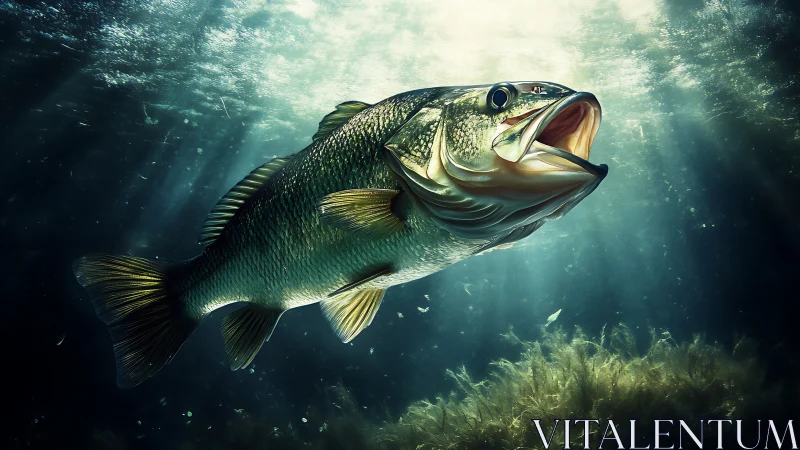 Underwater largemouth bass in filtered sunlight scene.