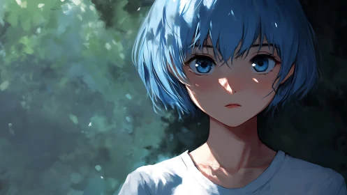 Blue-haired girl catches dappled forest light in silence.