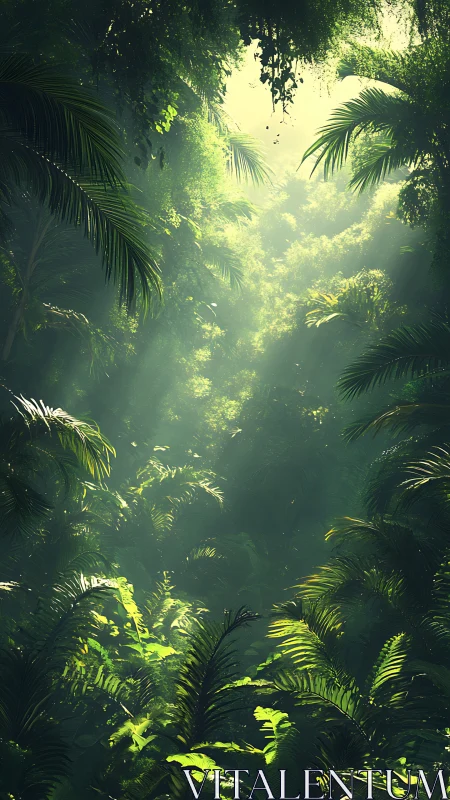 Luminous rainforest canopy with dramatic volumetric light penetration and tropical foliage.