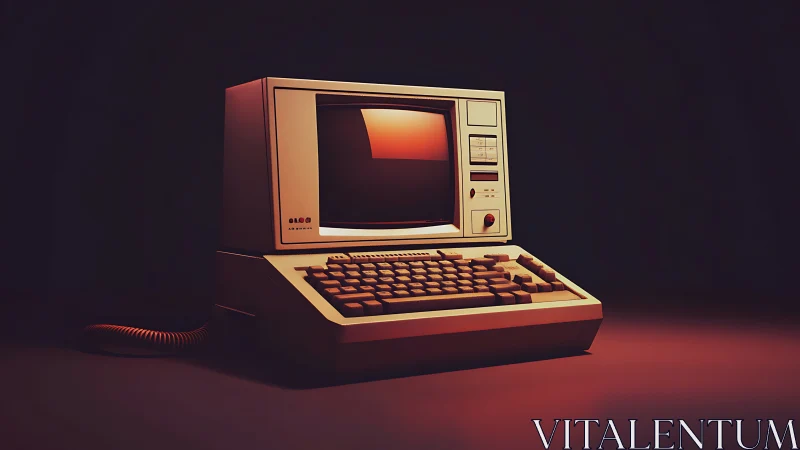 Retro desktop computer rendered in dramatic warm light.