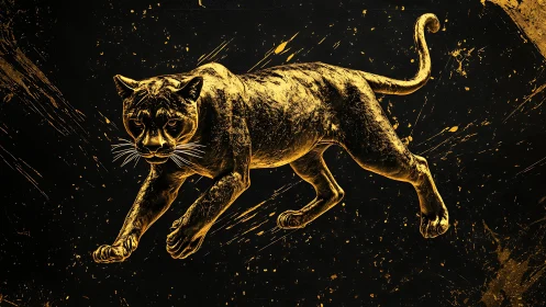 Golden Cougar Rendered in Luminous Metallic Texture Against Black