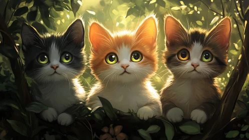 Three Kittens in Forest Clearing with Backlighting