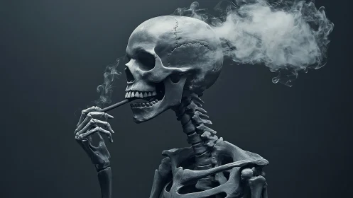 Smoke curls from a grinning skeleton lost in quiet thought