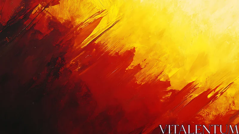 Abstract expressionist work with layered red and yellow paint strokes