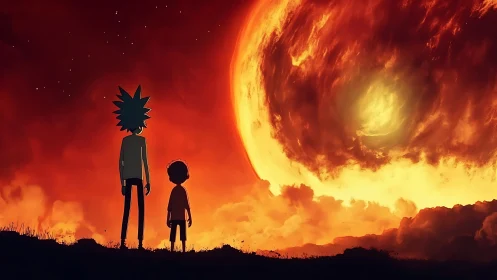 Digital painting duo before apocalyptic stellar vortex sky.