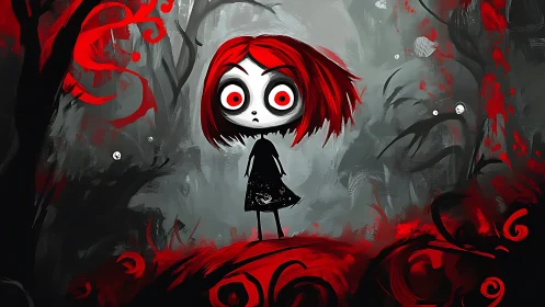 Red-haired figure stands in stylized forest with high contrast