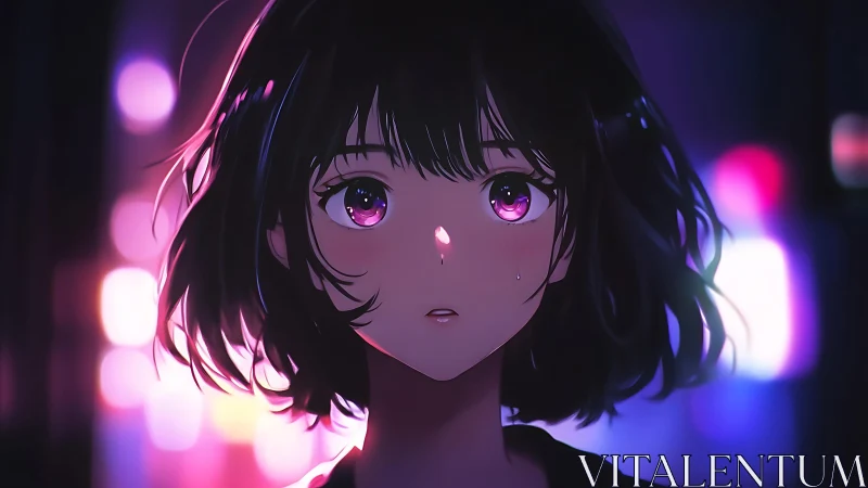 Anime girl with short dark hair in neon city lights.