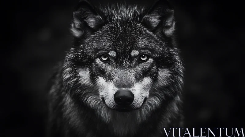 Monochrome wolf portrait with intense forward gaze.
