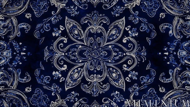 Ornate silver damask symmetry on deep indigo textile ground