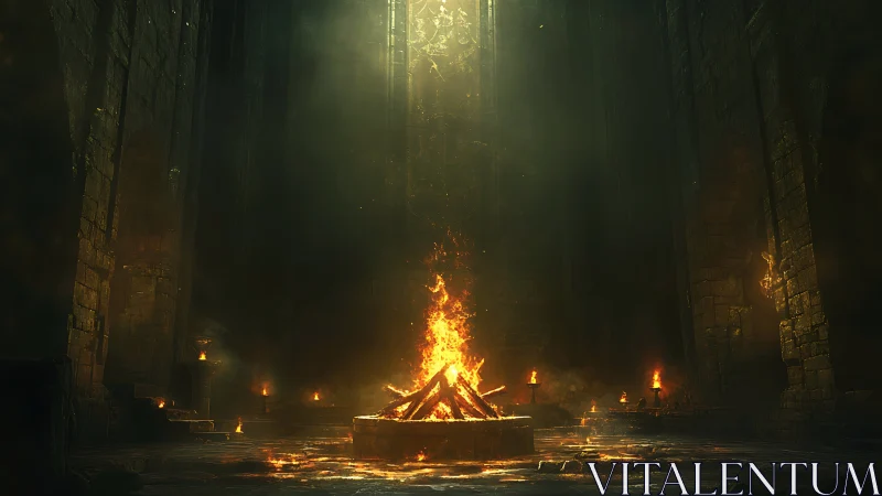 Sacred bonfire illuminates gothic cathedral interior with ethereal volumetric lighting