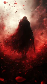 Lone cloaked warrior walks through a storm of crimson embers