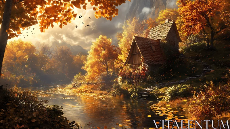 Autumnal riverside cottage under volumetric golden light.