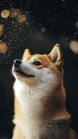 Shiba Inu gazes upward under warm bokeh lights at night