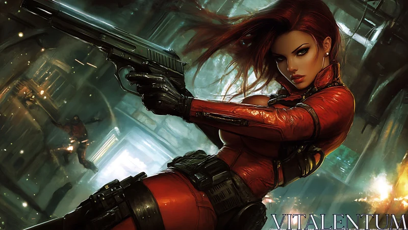Cinematic digital painting of armed red-suited femme fatale.