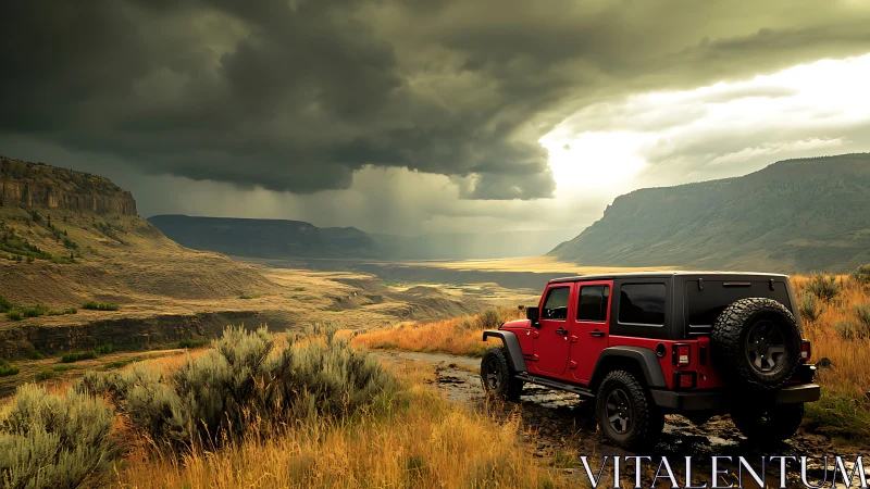 Red off road SUV overlooking stormy canyon valley landscape.