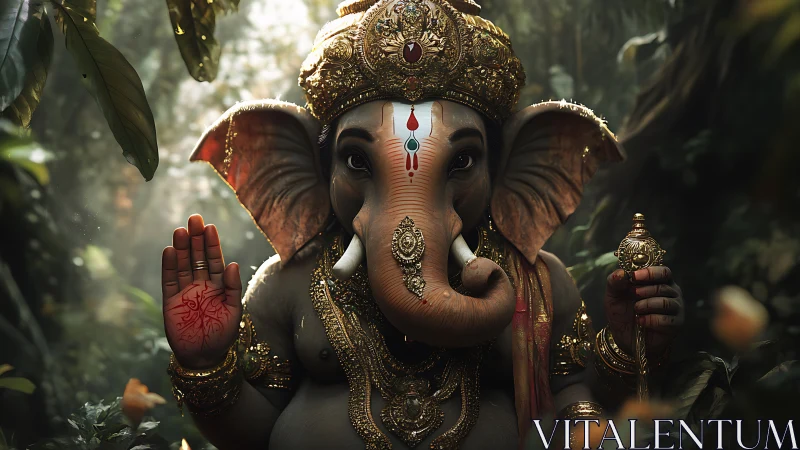 Divine elephant deity in ornate jungle-lit procession.