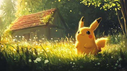 Pikachu sits in glowing forest meadow near rustic cabin