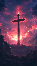 Cross silhouette against vivid pink and purple sky.