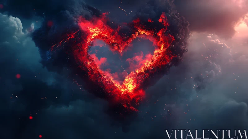 Fiery Heart Burst in Ethereal Storm Clouds. Digital Rendering.
