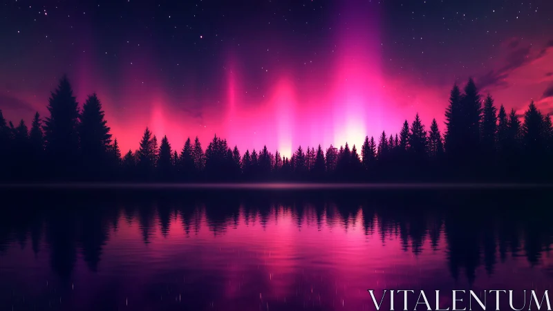 Northern lights glow above forest silhouette and still lake