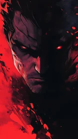 Intense red and black portrait of a stern male figure.