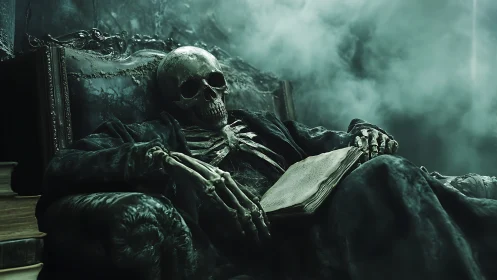 Skeleton in armchair holds open book in dense green fog