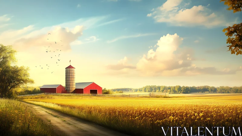 Golden farmland sunrise with red barn and silo panorama.