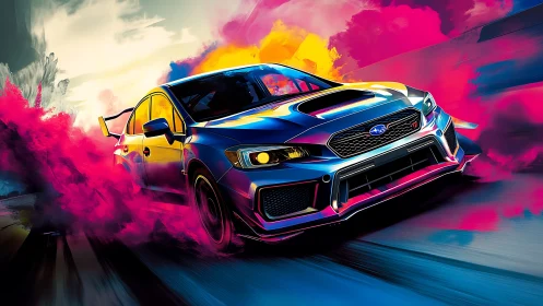 Racing blue sports sedan drifts through neon color smoke