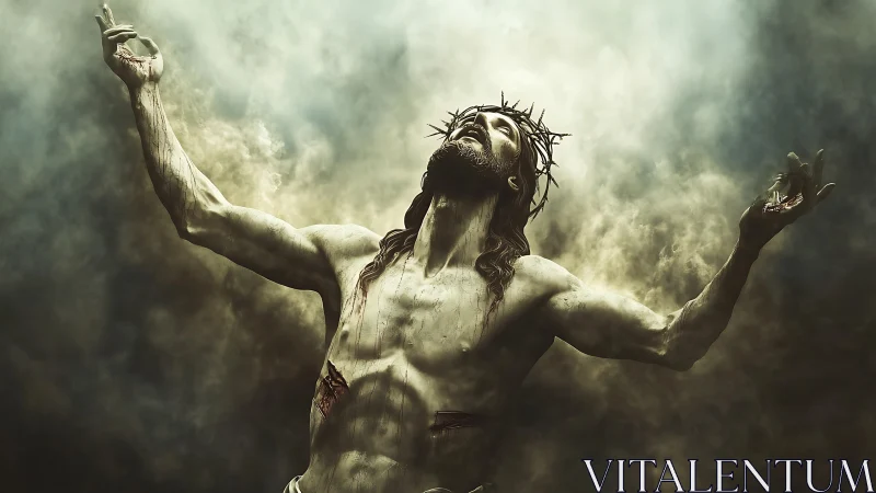 Crowned figure ascends in stormlit clouds of devotion.