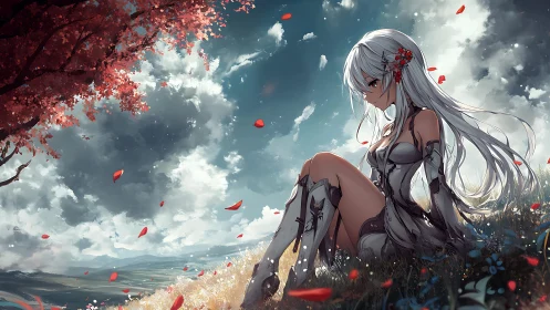 White haired anime girl sits in grass under dramatic sky