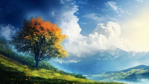 Lone ember tree basking above a sunlit valley dreamscape.