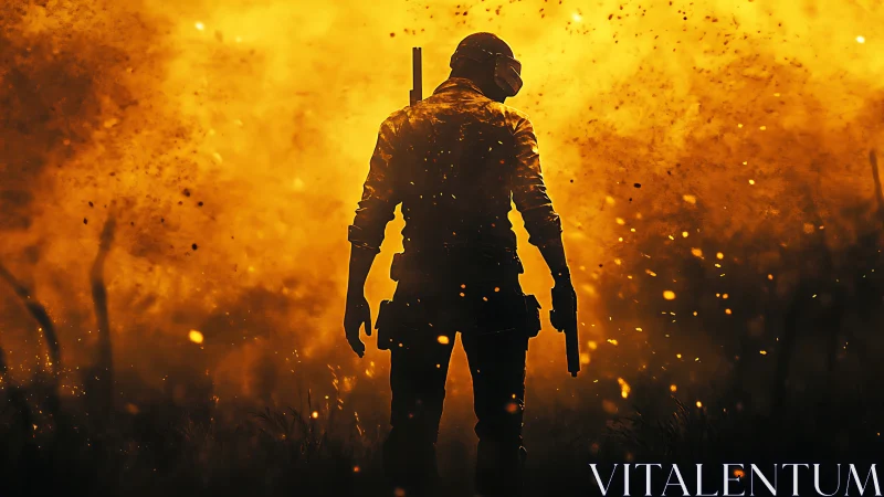 Cinematic digital painting of lone gunman in burning haze.