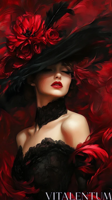 Woman in red and black hat with feathers and lace dress.