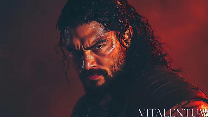 Battle-hardened warrior glares through smoky red light.