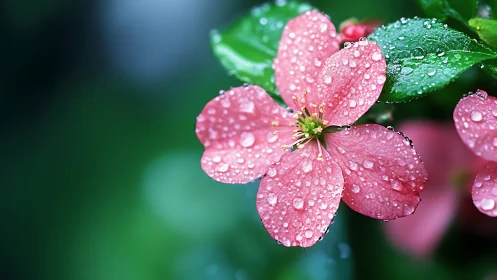 Pink Flowers with Dew Droplets on Green Foliage