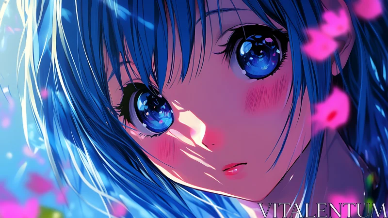 Blue haired anime girl close-up with bright reflective eyes.