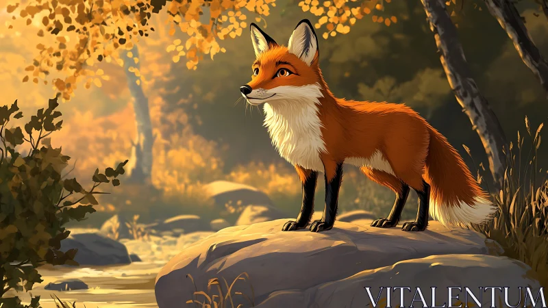 Bright-eyed autumn fox enjoying a peaceful forest morning.