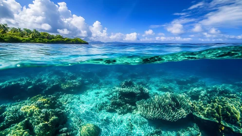 Split-level tropical reefscape with luminous coral plane.