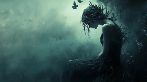 Solitary female figure sits in mist with birds in flight