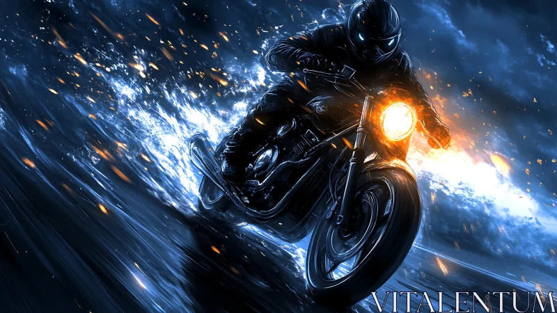 Neon-lit motorcycle racer accelerates through storm in dynamic blur