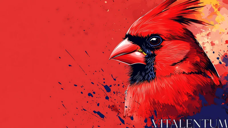Bold red cardinal portrait on abstract paint splatter background.