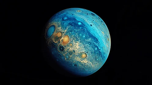 Swirling blue gas giant with luminous golden tempests.