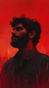 Solitary bearded figure rendered against a saturated red field