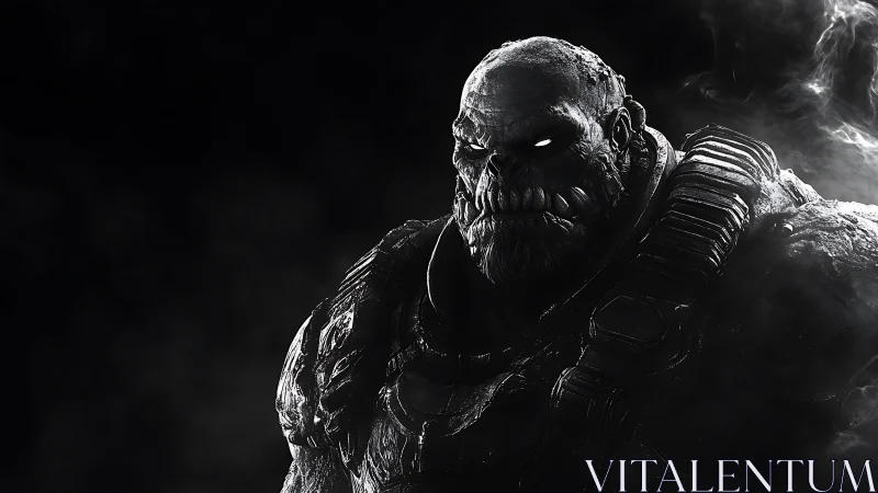 Shadowy armored brute gazes ahead with glowing resolve