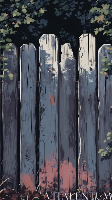 Weathered vertical wooden fence boards frame dense foliage